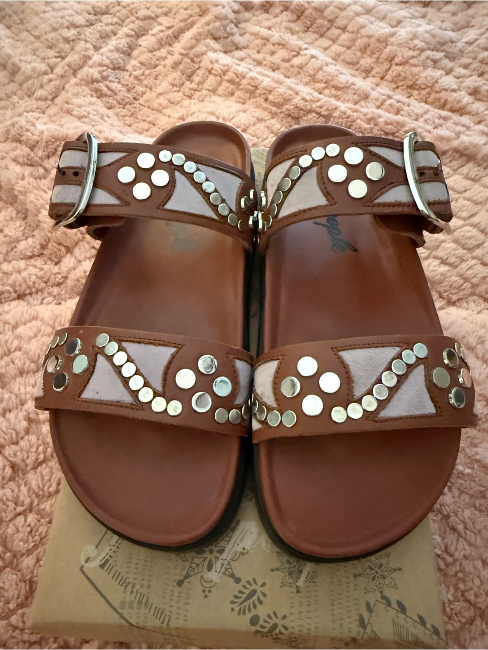 Free People Brown Leather & Suede Studded Double-Strap Sandals NIB Size 9